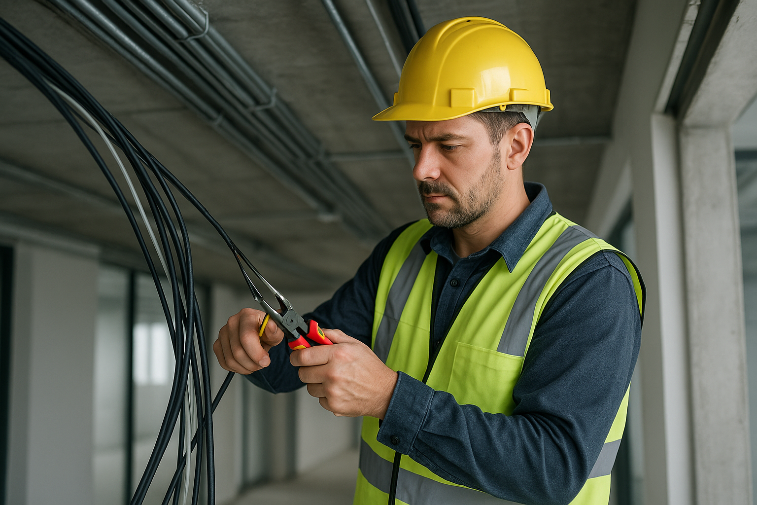 Elektriker som arbetar med installation av kabel